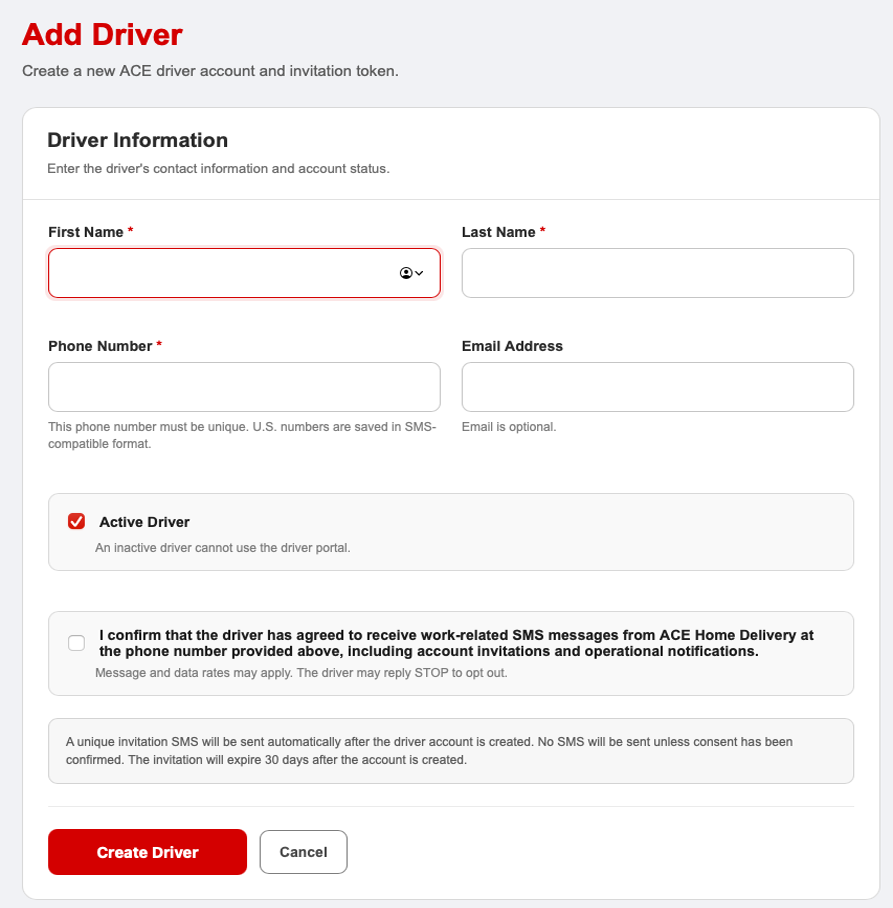 ACE Driver account creation screen showing the SMS consent confirmation checkbox